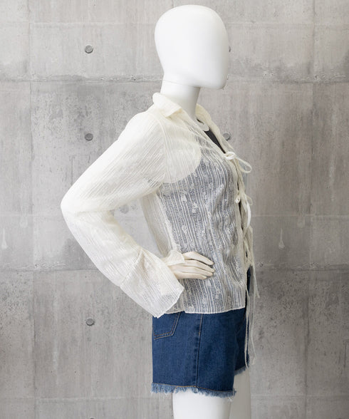 カーディガン 長袖 ボレロ 羽織り 薄手 レディース シアーシャツ 肌見せ 透け感 春夏トップス へそ出し UVケア 重ね着 カジュアル レイヤードコーデ リボン 77JCHU-001